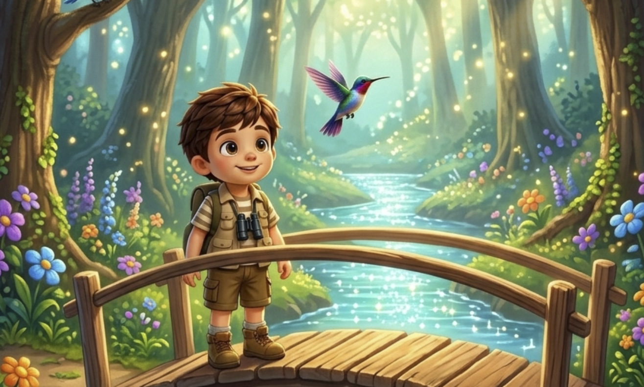 Leo Aventurero cruzando un puente de madera en el bosque mágico junto al Colibrí