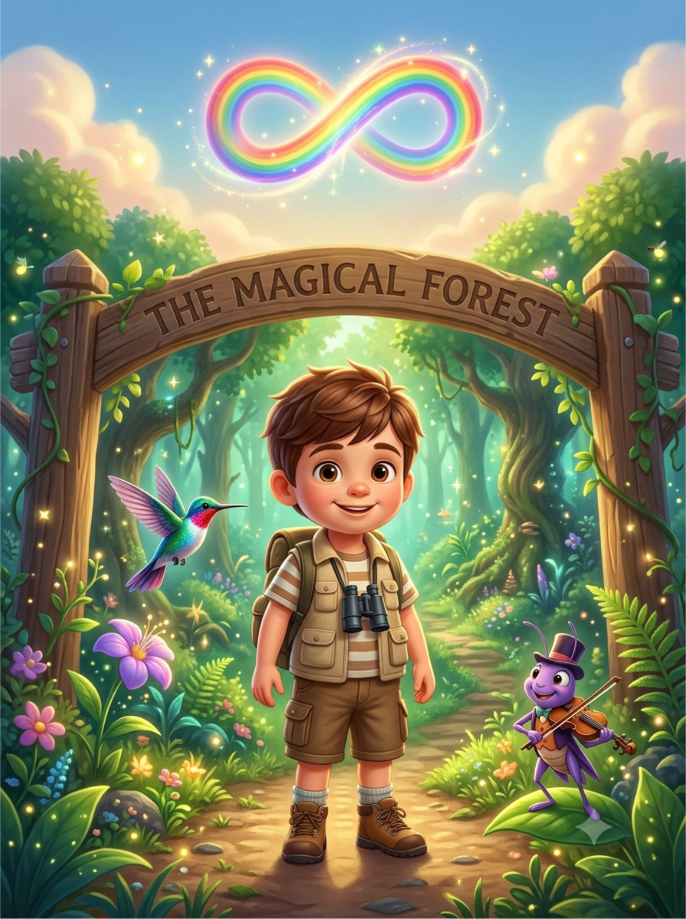 Leo Aventurero en el bosque mágico junto al Colibrí y el Grillo Músico